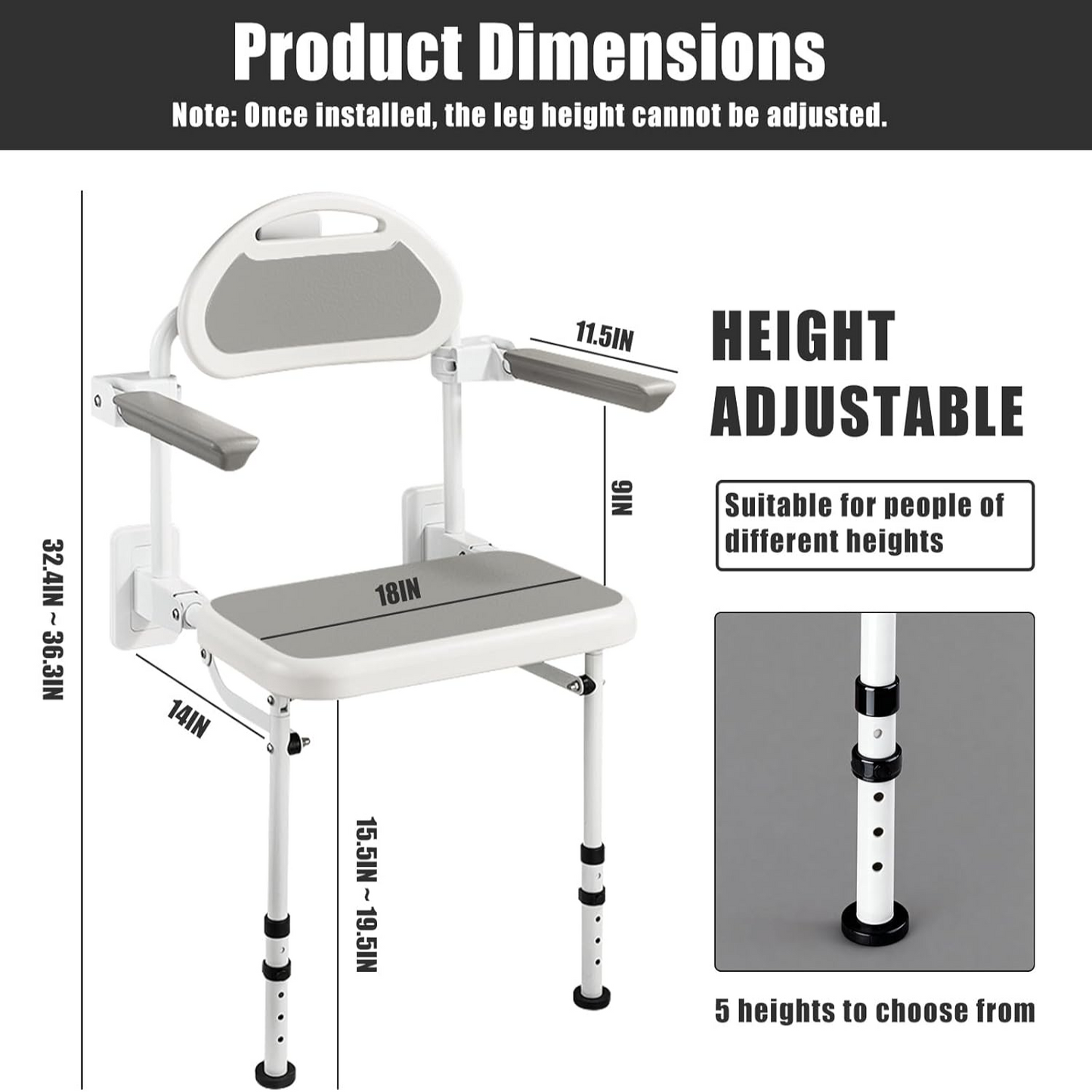 Wall Mounted Folding Shower Seat for Seniors & Disabled - 360Lb Heavy Duty Fold down Shower Chair with Adjustable Height, with Armrests & Backrest - Safe Bath Bench for Elderly, Pregnant Women, Adults