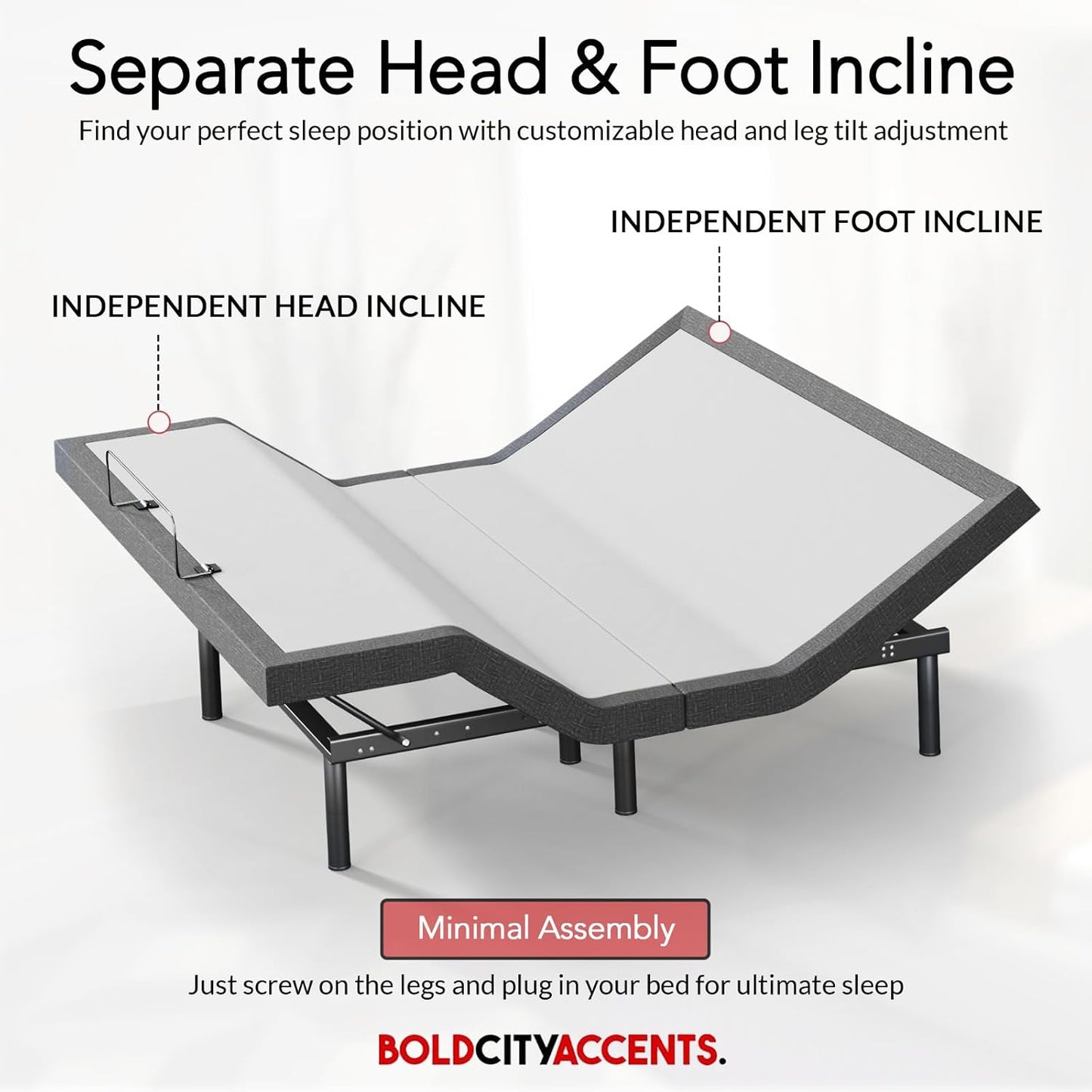 Adjustable Bed Frame with Wireless Remote - Comfortable Zero Gravity Massage with Head & Foot Incline, Dual USB Charge & Under-Bed Nightlights - Powder Coated Split King Adjustable Base
