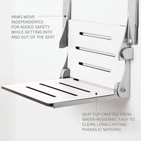 Silhouette Comfort Folding Wall Mount Shower Bench Seat with Arms, White Seat with Matte Black Frame