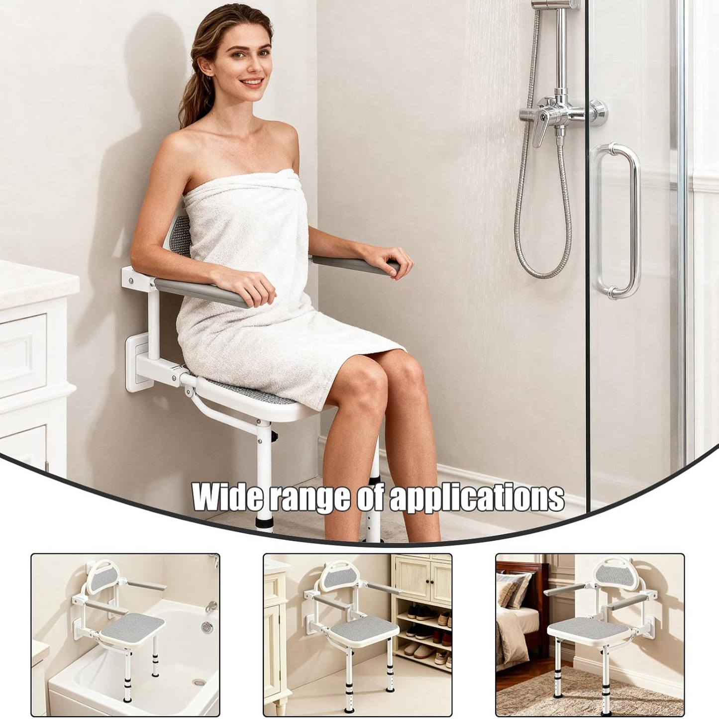 Wall Mounted Folding Shower Seat for Seniors & Disabled - 360Lb Heavy Duty Fold down Shower Chair with Adjustable Height, with Armrests & Backrest - Safe Bath Bench for Elderly, Pregnant Women, Adults