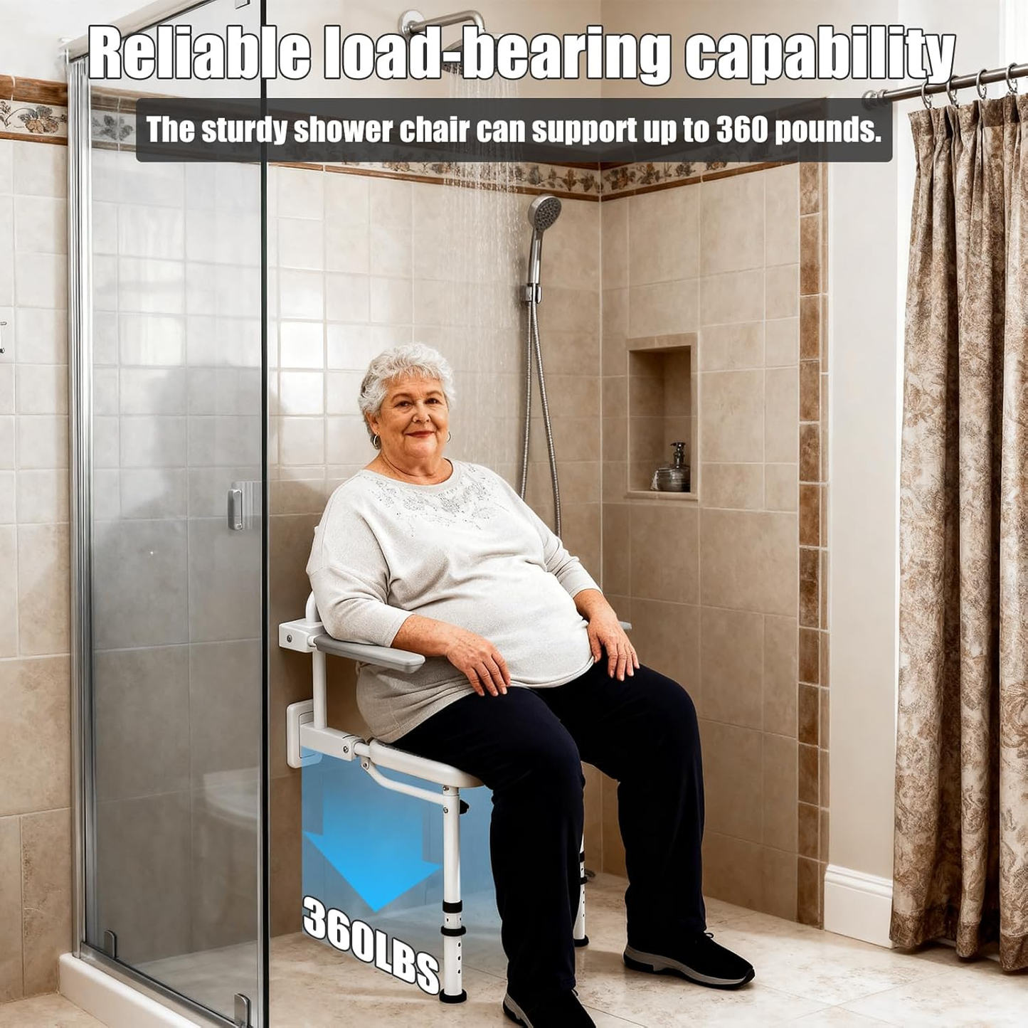 Wall Mounted Folding Shower Seat for Seniors & Disabled - 360Lb Heavy Duty Fold down Shower Chair with Adjustable Height, with Armrests & Backrest - Safe Bath Bench for Elderly, Pregnant Women, Adults