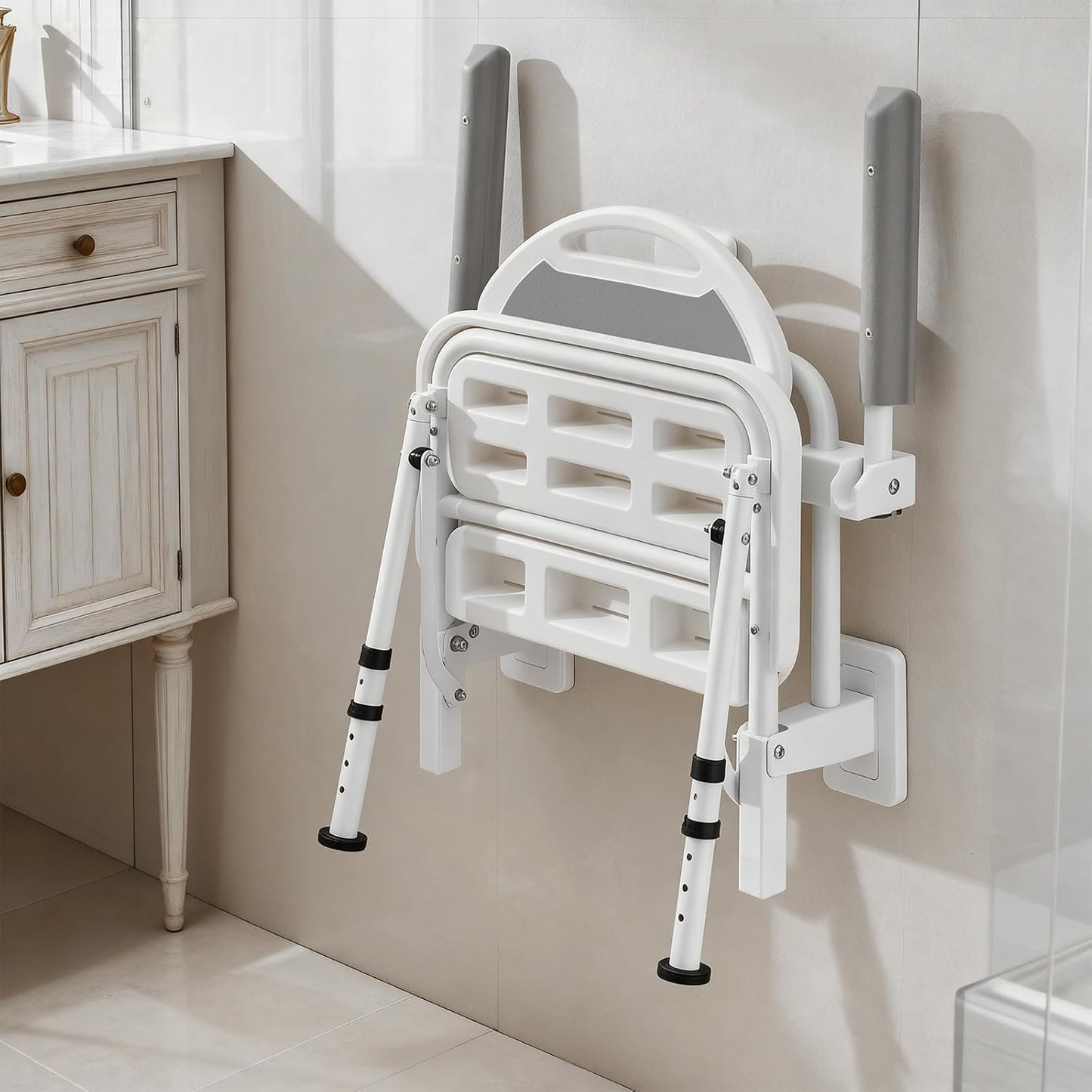 Wall Mounted Folding Shower Seat for Seniors & Disabled - 360Lb Heavy Duty Fold down Shower Chair with Adjustable Height, with Armrests & Backrest - Safe Bath Bench for Elderly, Pregnant Women, Adults