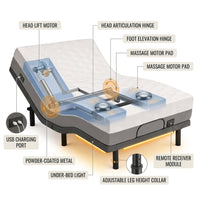 Gray Twin XL Adjustable Bed Frame with 12 In.Cooling Gel Memory Foam Mattress, Massage, USB, Under-Bed Light, Remote/App — How It Works