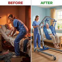 Portable Hydraulic Patient Lift for Home Use - 6 Point Spreader - with Electric Upgrade - Expandable Base, Compact — Before & After