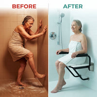 Silhouette Comfort Folding Wall Mount Shower Bench Seat with Arms, White Seat with Matte Black Frame — Before & After