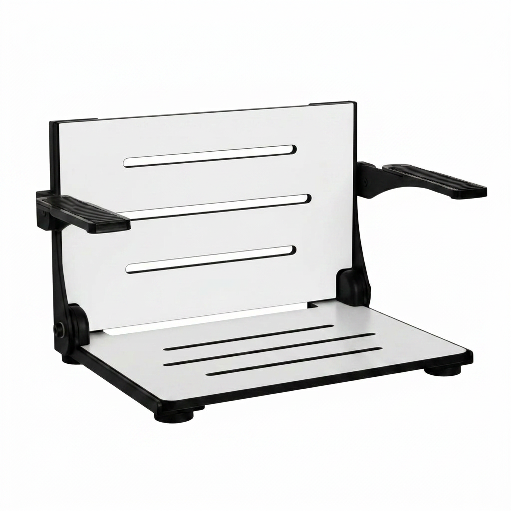 Silhouette Comfort Folding Wall Mount Shower Bench Seat with Arms, White Seat with Matte Black Frame — Studio Shot