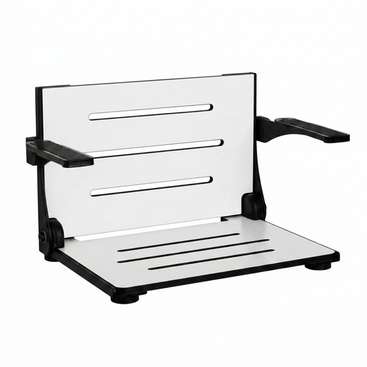 Silhouette Comfort Folding Wall Mount Shower Bench Seat with Arms, White Seat with Matte Black Frame — Studio Shot