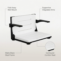 Silhouette Comfort Folding Wall Mount Shower Bench Seat with Arms, White Seat with Matte Black Frame — infographic
