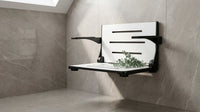 Silhouette Comfort Folding Wall Mount Shower Bench Seat with Arms, White Seat with Matte Black Frame — Lifestyle