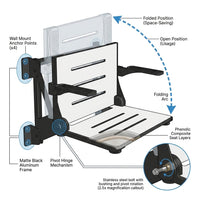 Silhouette Comfort Folding Wall Mount Shower Bench Seat with Arms, White Seat with Matte Black Frame — How It Works
