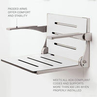 Silhouette Comfort Folding Wall Mount Shower Bench Seat with Arms, White Seat with Matte Black Frame