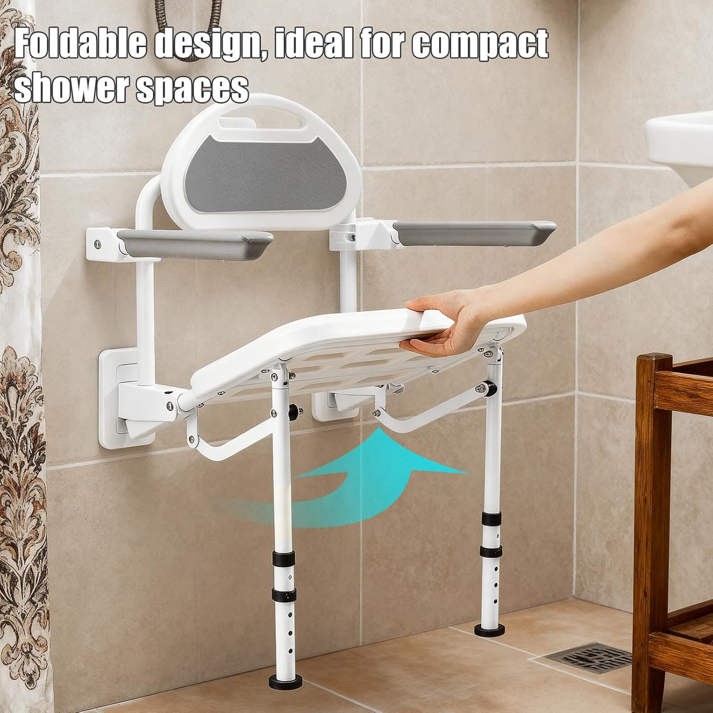 Wall Mounted Folding Shower Seat for Seniors & Disabled - 360Lb Heavy Duty Fold down Shower Chair with Adjustable Height, with Armrests & Backrest - Safe Bath Bench for Elderly, Pregnant Women, Adults