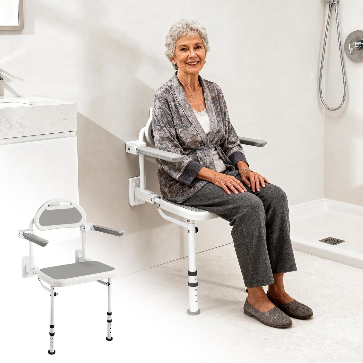 Wall Mounted Folding Shower Seat for Seniors & Disabled - 360Lb Heavy Duty Fold down Shower Chair with Adjustable Height, with Armrests & Backrest - Safe Bath Bench for Elderly, Pregnant Women, Adults